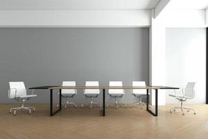 Minimalist meeting room with gray wall and wood floor. 3d rendering