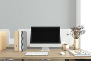 Office room with minimalist table and pc on top, gray wall. 3d rendering photo