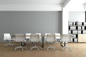 sala de reuniones minimalista con paredes grises y suelo de madera. representación 3d foto