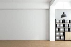 Minimalist empty room with wood file cabinet and hanging lamp, white wall and wood floor. 3d rendering photo