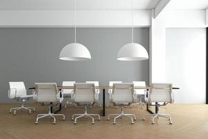 Minimalist meeting room with white hanging lamp, gray wall and wood floor. 3d rendering photo