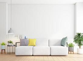 sala de estar minimalista con sofá y mesa auxiliar. pared blanca y piso de madera. representación 3d foto