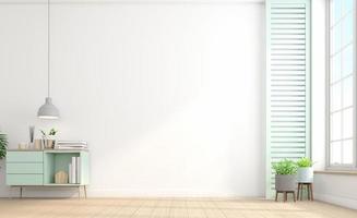 Minimalist interior of empty room with sideboard and white wall.3d rendering photo