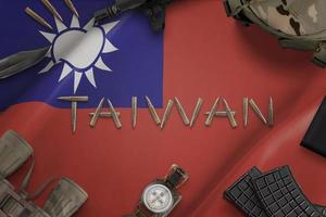 Taiwan army equipment concept on flag. Text writen with bullets. China and Taiwan conflict concept photo