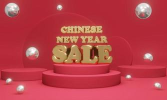 3D Rendering of podium with word Chinese New Year Sale in red gold theme. 3D Render illustration. photo