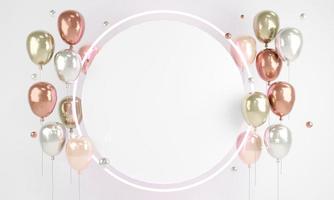 3D Rendering concept of invitation birthday valentine wedding card or for commercial. Rose gold balloons with round light and blank paper copy space for text on background. 3D Render. 3D illustration. photo