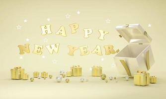 3D Rendering concept of Happy new year text floating from gift box in gold theme. 3D Render. 3D illustration. photo