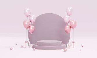 3D Rendering concept of podium product display with balloons purple theme on background for commercial design. 3D Render. photo