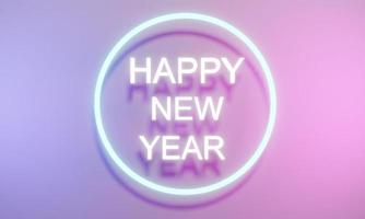 3D Rendering concept of Panorama banner of happy new year text with elements composition neon light background. 3D Render. 3D illustration. photo