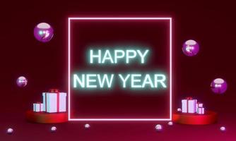 3D Rendering concept of Happy new year text with elements composition background. 3D Render. 3D illustration. photo