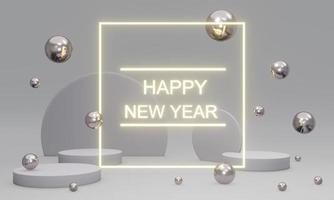 3D Rendering concept of Happy new year text with elements composition background. 3D Render. 3D illustration. photo