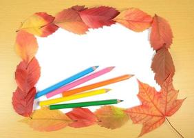 autumn leaves pencils and sheet of paper photo