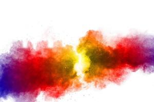 Colorful background of pastel powder explosion. Rainbow color dust splash on white background. photo