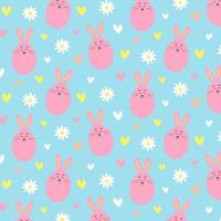 Seamless pattern with pink bunny, chamomiles and hearts. Print for textile, apparel, wrapping paper, fabric. vector