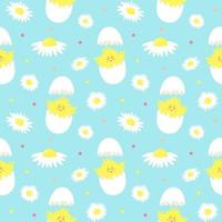 Seamless pattern with cute yellow chick in cracked eggs and chamomiles.