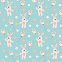 Seamless pattern with bunny holding a balloon full of chamomiles and flowers. vector