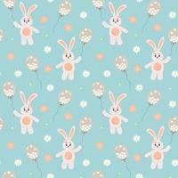 Seamless pattern with bunny holding a balloon full of chamomiles and flowers. vector