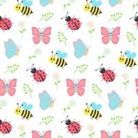 Seamless pattern with cute bees, butterflies, ladybugs, daisies and twigs. vector