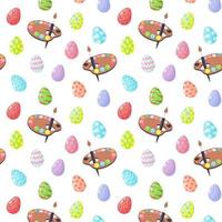 Seamless pattern with colored Easter eggs and paint palette with brush. vector