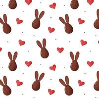 Seamless pattern with chocolate bunny Easter egg, heart and dots. vector