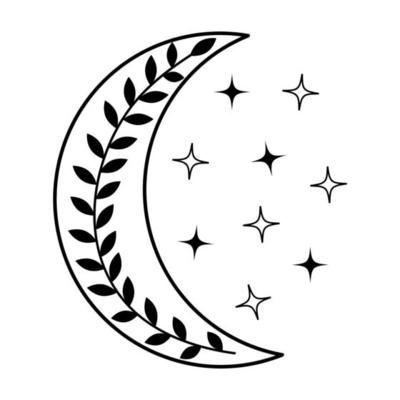 Mystic moon crescent with twig inside. Esoteric spiritual ethnic mascot with stars.