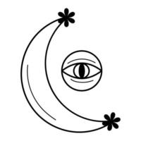 Crescent moon with flowers and all seeing eye in the circle. Decorative esoteric boho element. vector