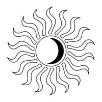 sol mágico esotérico con luna creciente dentro. elemento bohemio dibujado a mano. vector