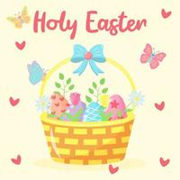 Basket with painted Easter eggs, tulips, chamomiles and twigs. Cartoon butterflies and hearts around. Holy Easter text.