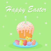 Easter cake on a plate with a candle and colorful eggs. Happy Easter postcard. vector