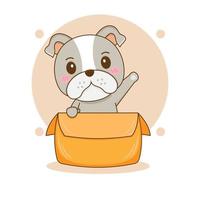 Cute bulldog playing inside box cartoon character illustration vector