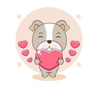 bulldog lindo con ilustración de personaje de dibujos animados de corazón de amor vector