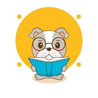 Cute nerd bulldog reading a book with glasses cartoon character illustration vector