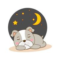 Cute bulldog sleeping at night cartoon character illustration vector