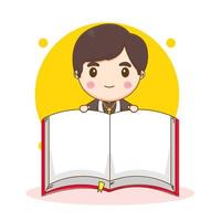 Cute priest with open book chibi cartoon character illustration