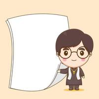 Cute priest with empty paper chibi cartoon character illustration