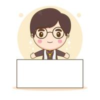 Cute priest with empty billboard chibi cartoon character illustration vector