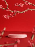 Podios de visualización mínimos en 3d sobre tela y flor de cerezo o sakura sobre fondo rojo. Representación 3D de presentación realista para publicidad de productos. Ilustración mínima 3d. foto
