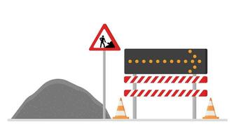 Road works, repairs. Installed fences, a detour direction indicator. Warning road signs. Flat. Vector illustration