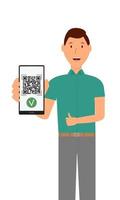 un hombre muestra un código qr en su teléfono que confirma la disponibilidad de un certificado de vacunación. concepto. ilustración vectorial vector