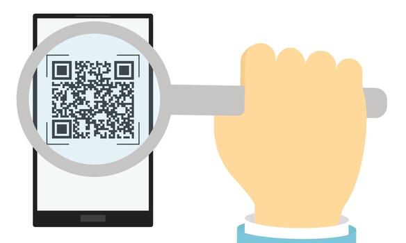 verificación del certificado de vacunación por código qr. una lupa en tu mano magnifica el código en tu tableta o teléfono. departamento. ilustración vectorial vector