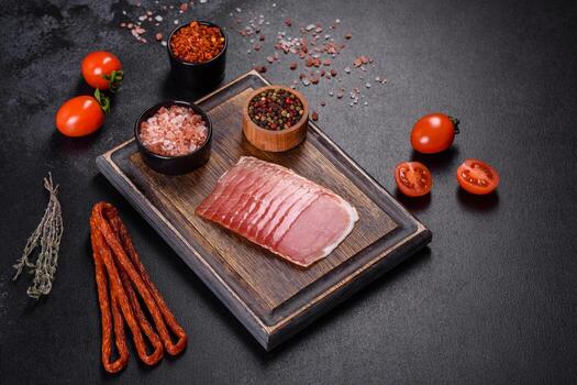 Smoked ham on a dark concrete table with addition of fresh aromatic herbs and spices photo