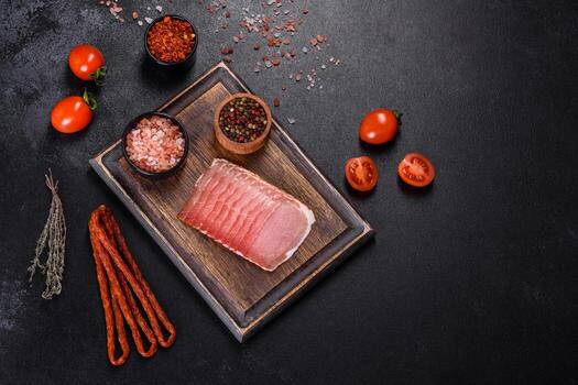 Smoked ham on a dark concrete table with addition of fresh aromatic herbs and spices photo