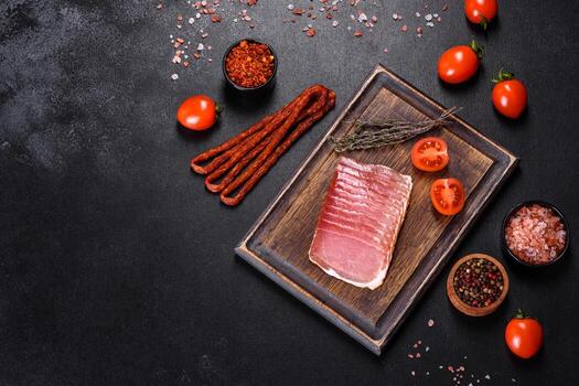Smoked ham on a dark concrete table with addition of fresh aromatic herbs and spices photo