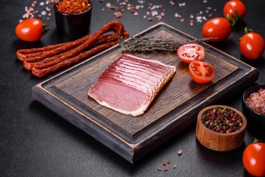 Smoked ham on a dark concrete table with addition of fresh aromatic herbs and spices photo