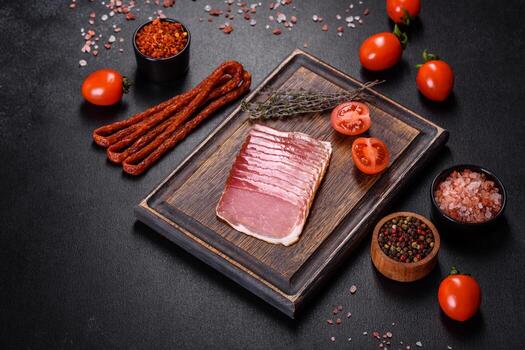 Smoked ham on a dark concrete table with addition of fresh aromatic herbs and spices photo