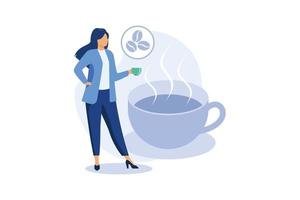 People at coffee break flat vector illustration. Tiny man and women relaxing, talking and drinking coffee. Communication and office experience concept