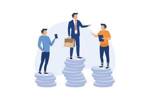 Income gap, inequality revenue in capitalism or career development to earn more income, middle income trap concept, businessman poor, middle and rich worker standing on stack of their wealth coins. vector