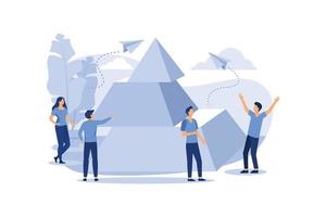 la gente conecta los elementos de la pirámide, símbolo del trabajo en equipo, la cooperación, la asociación, el avance, el rompecabezas piramidal, el vector plano, la ilustración de diseño moderno