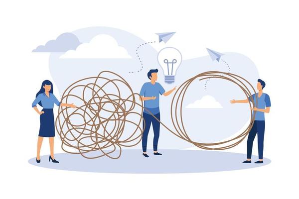 tangled tangle, brainstorming, beginning and end to thought, abstract metaphor, concept of solving business problems, flat design modern illustration