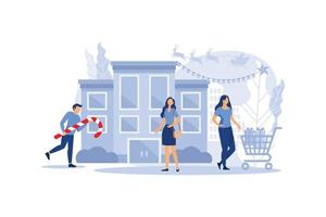 various shops, discounts, purchase of goods and gifts, preparation for the new year, holiday discounts, real estate investment, shopping concept vector flat modern design illustration